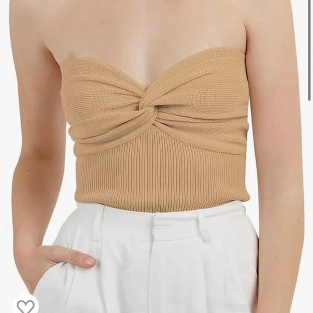 Beige Twist Front Strapless Tube Top | Ribbed Bandeau Crop | Large